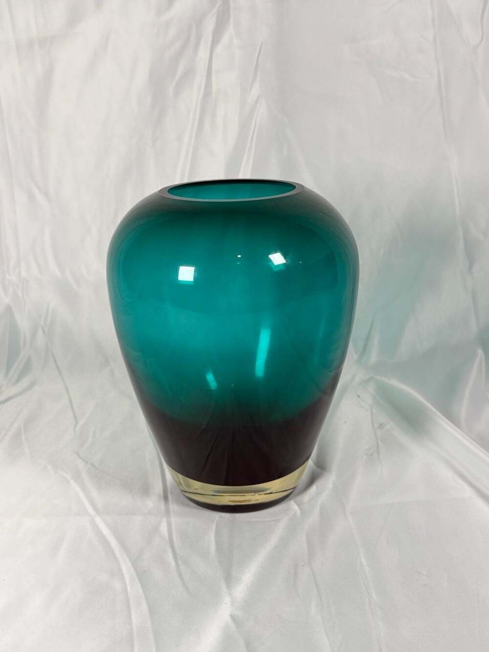 Glass Vase Teal Green Ombre Ovoid Handblown Decorative Centerpiece